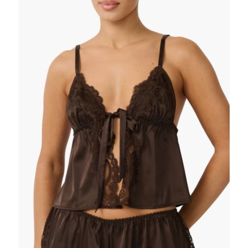 KAT THE LABEL Madeline Camisole Espresso Brown Satin Lace Trim Cami Top Sz M NWT